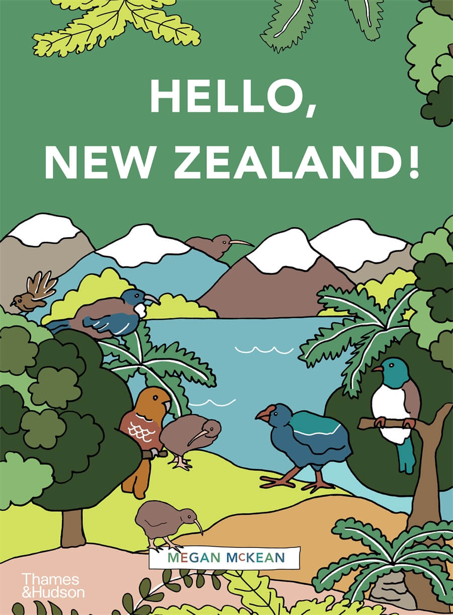 Text says 'Hello, New Zealand' in bold, white, sans serif font on a green background cover with simplified, illustrated mountains, trees, water and New Zealand animals in the foreground.