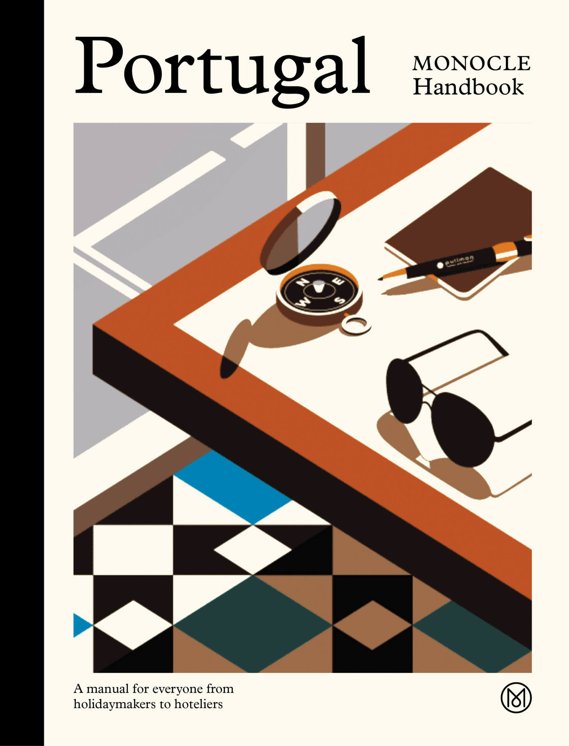 geometric shapes and simplified illustration of corner table with glasses, watch and wallet. muted colours. Cream background with title on the top printed in black, block, serif font