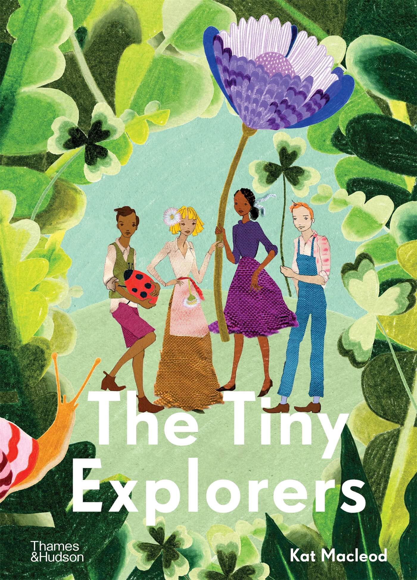 Coloured, illustrated book cover of plants, garden animals and four figures in the centre. Mainly illustrated in greens with pops of bright colours. Title displayed on bottom of cover in white, bold, sans serif font