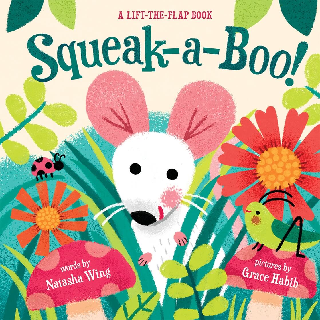 very colourful, juvenile cover image of illustrated plants and animals, a mouse face appearing in the middle. Title of the book 'Squeek-a-boo' placed top, center, written in bold, green, fun text