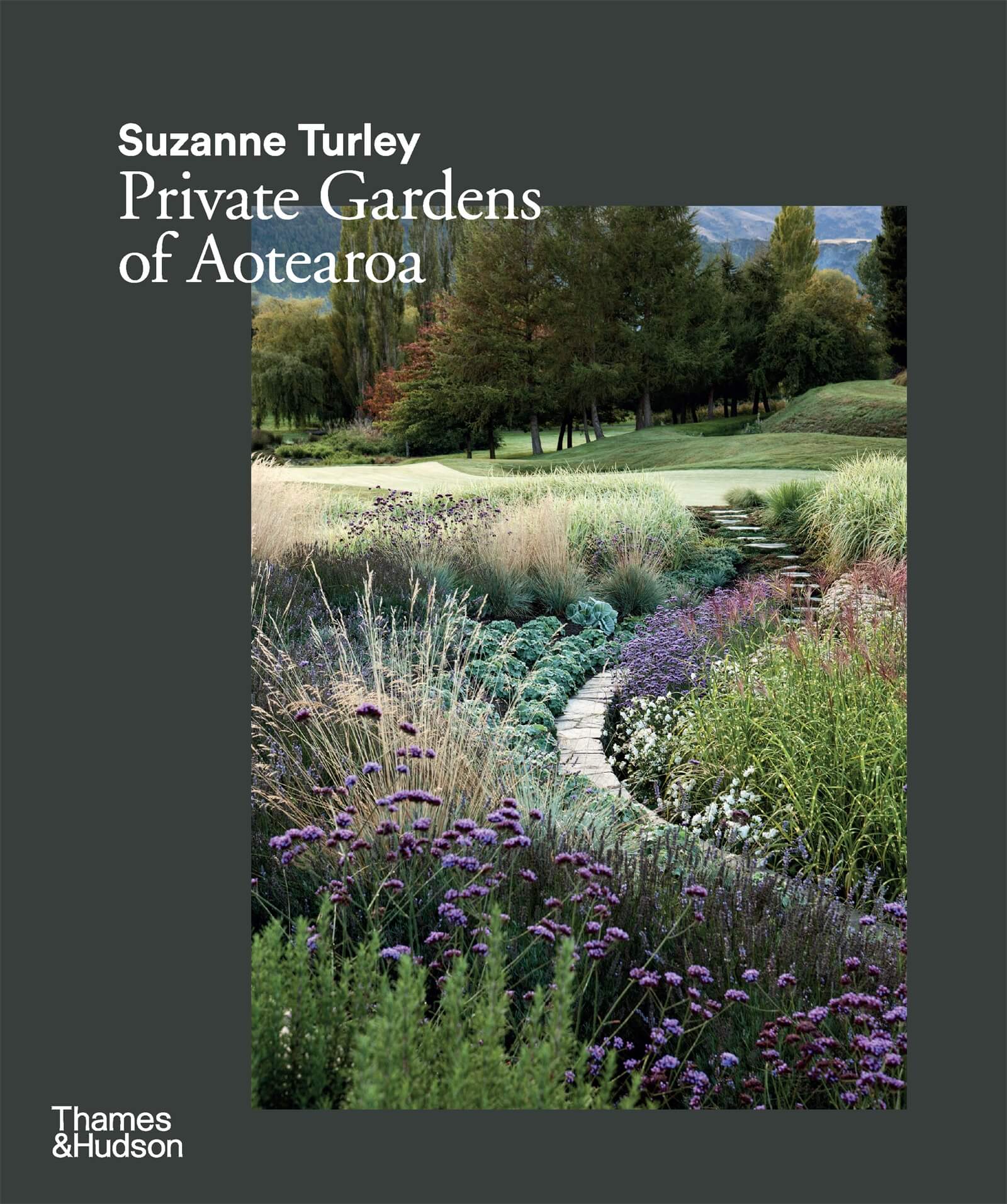olive green cover image with photo of Lavendar garden placed off center. Title of 'Private Gardens of Aotearoa' written in white, serif fontin top left