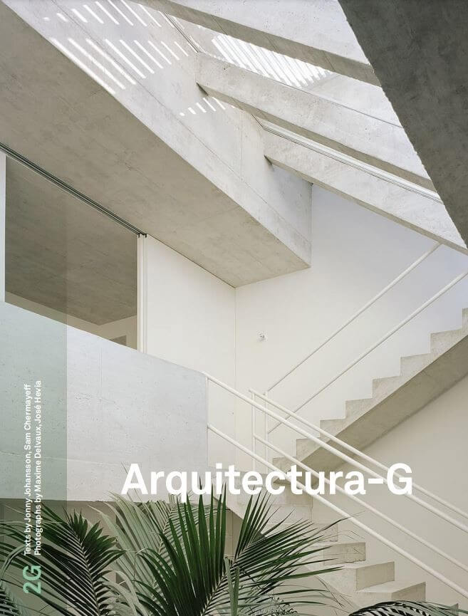 Pale, angular stairwell and sky light, depicted as cover of book. 'Architectura-G' written in small, bold, white sans serif font as title of the book