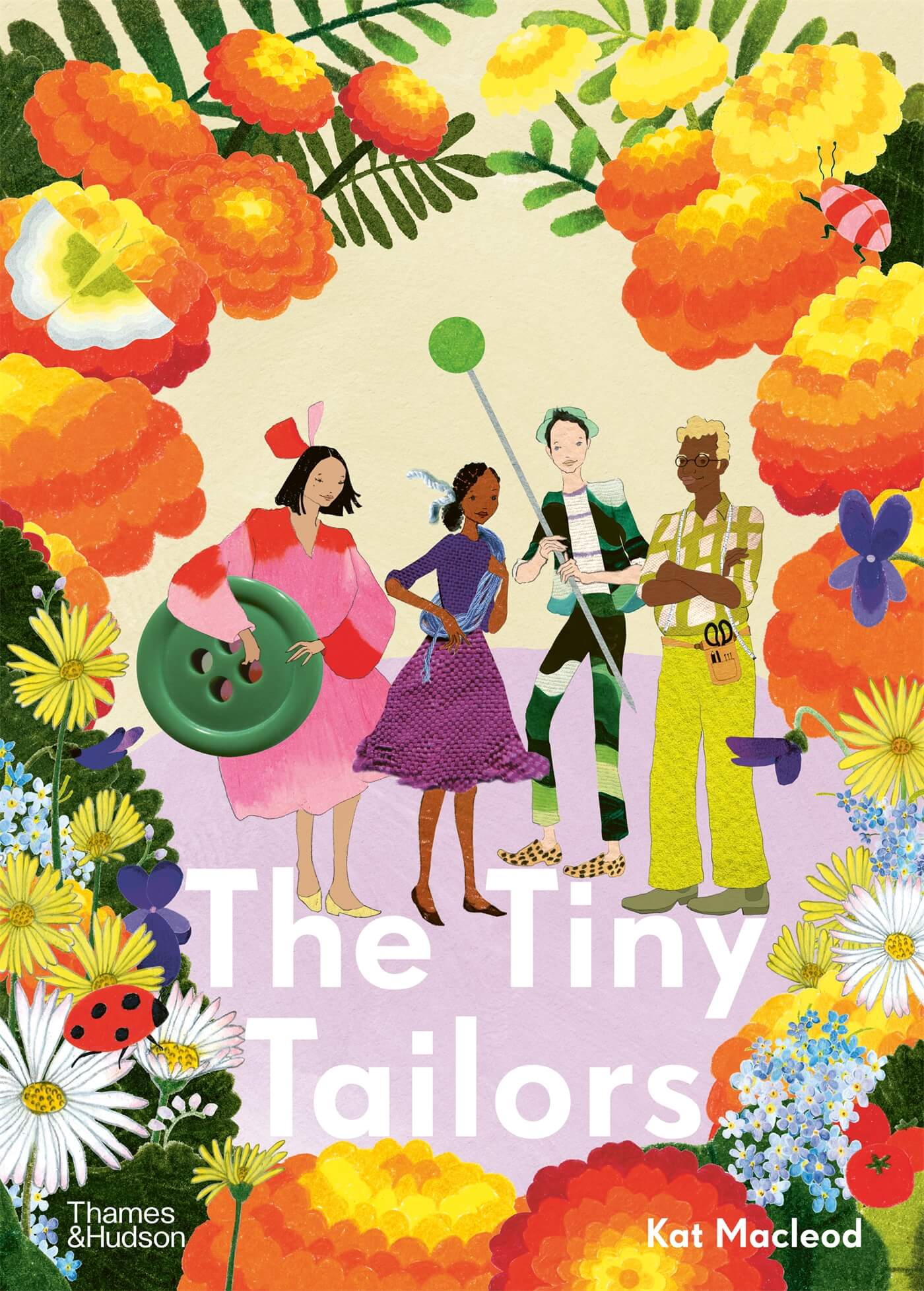 Book cover of lead title. Colourful collage of flowers and plants bordering four small figures with titles printed in white, bold, sans serif font