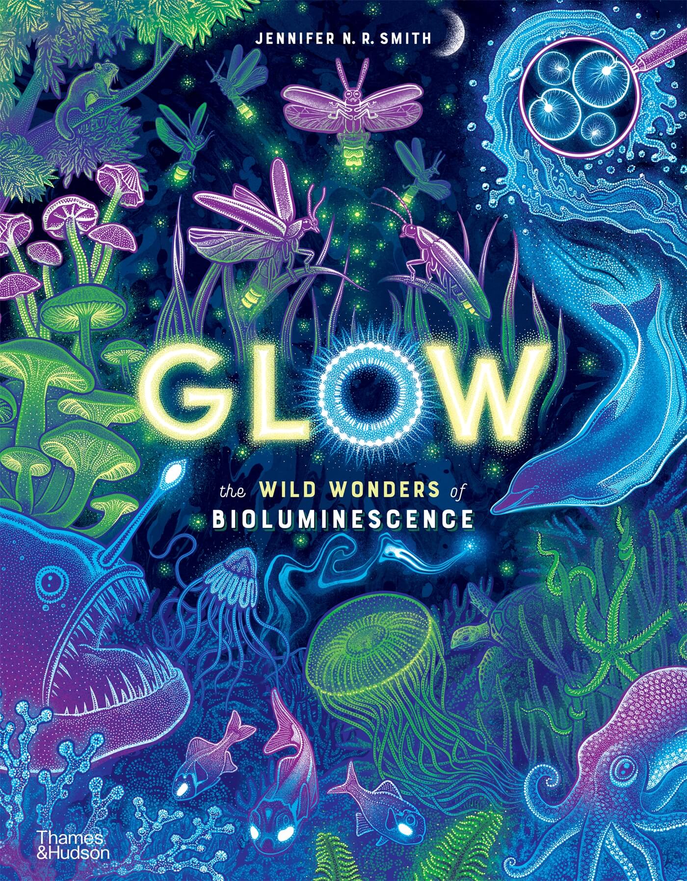 Cover image for Glow. Blue, purple, green and yellow bioluminescent creatures surrounding title in center.