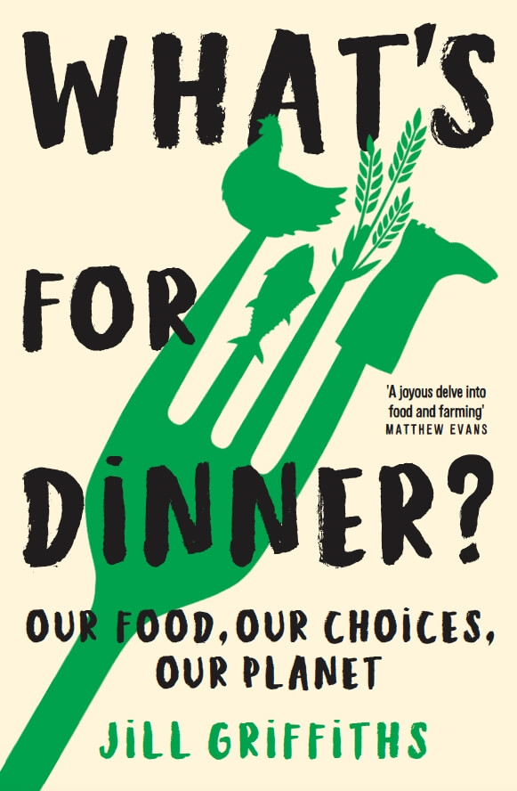 Book cover. Pale cream background with green pitchfork diagonally across center. What's For Dinner written in bold, black, sans serif font