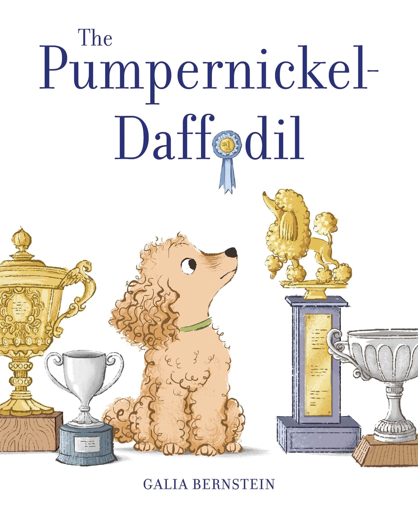 Cover image of white background and illustrated dog surrounded by trophies. Title printed in dark blue, bold, serif font in top centre