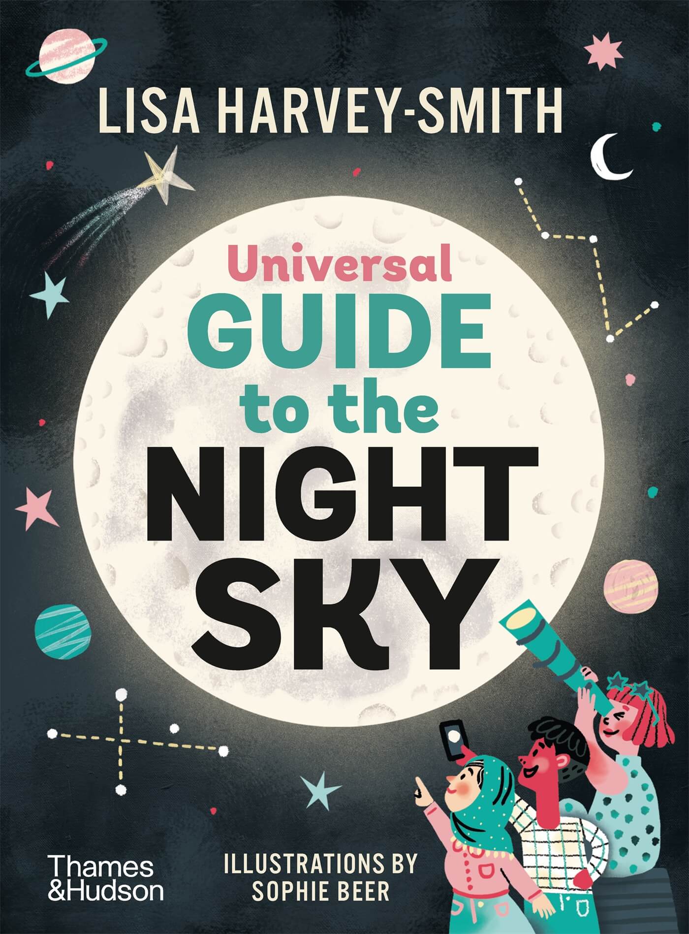 Book cover featuring illustration of three figures in the right corner pointing up at the night sky. Big moon in centre with title printed in bold, sans serif font in centre of the moon