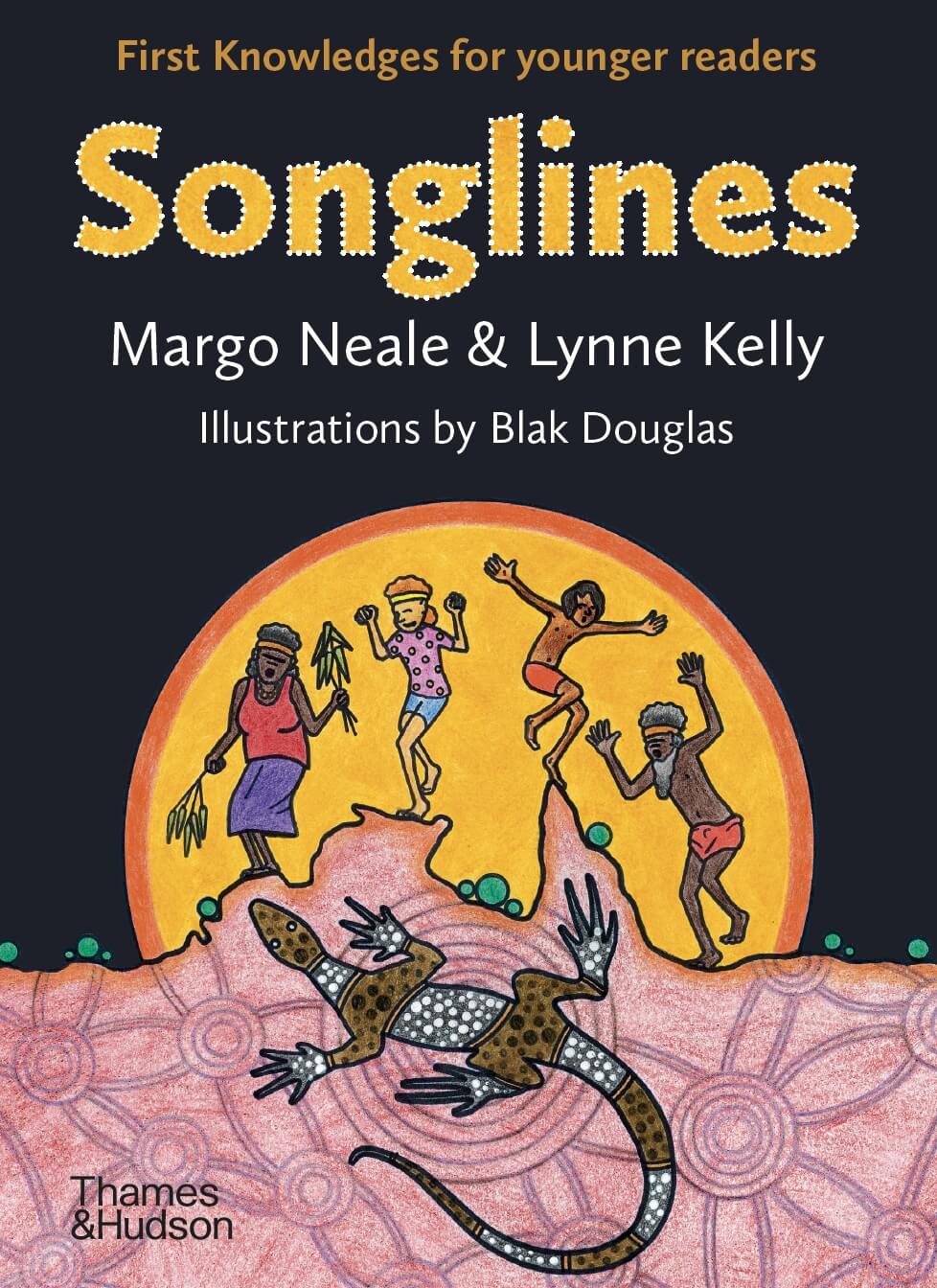Book cover image featuring illustrated figures dancing across the top of Australia with sun behind them and a goanna below. Black background.