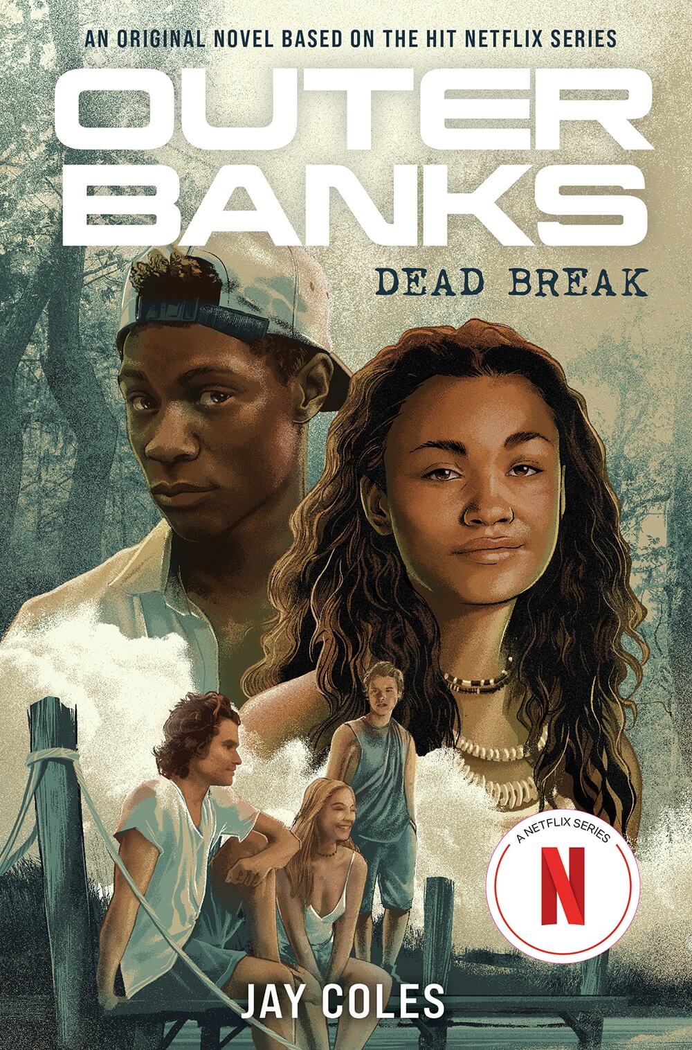 Book cover featuring two young adults on a blue/ grey background. Title displayed in bold, white, capital font, top centre