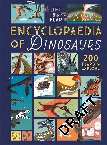 Book cover of The Encyclopaedia of Dinosaurs, featuring illustrations of dinosaurs in a grid on a dark blue background