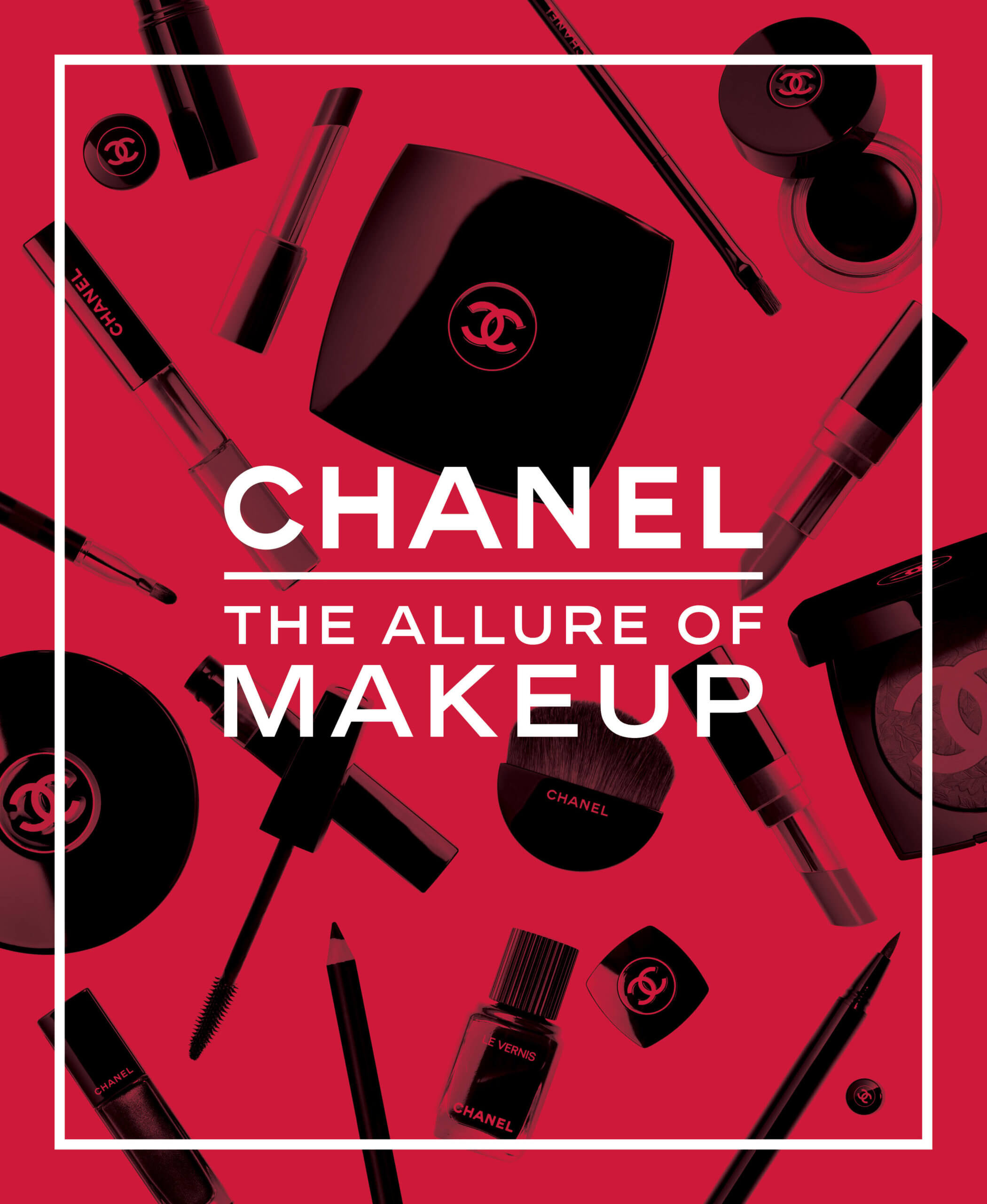 book cover featuring black make up items on a red background