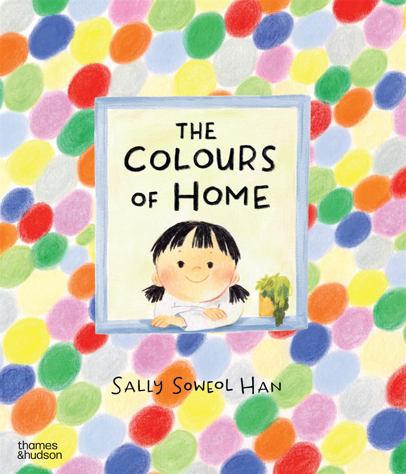 Book cover featuring colourful dots surrounding an illustration of a gilr looking out a window at the viewer