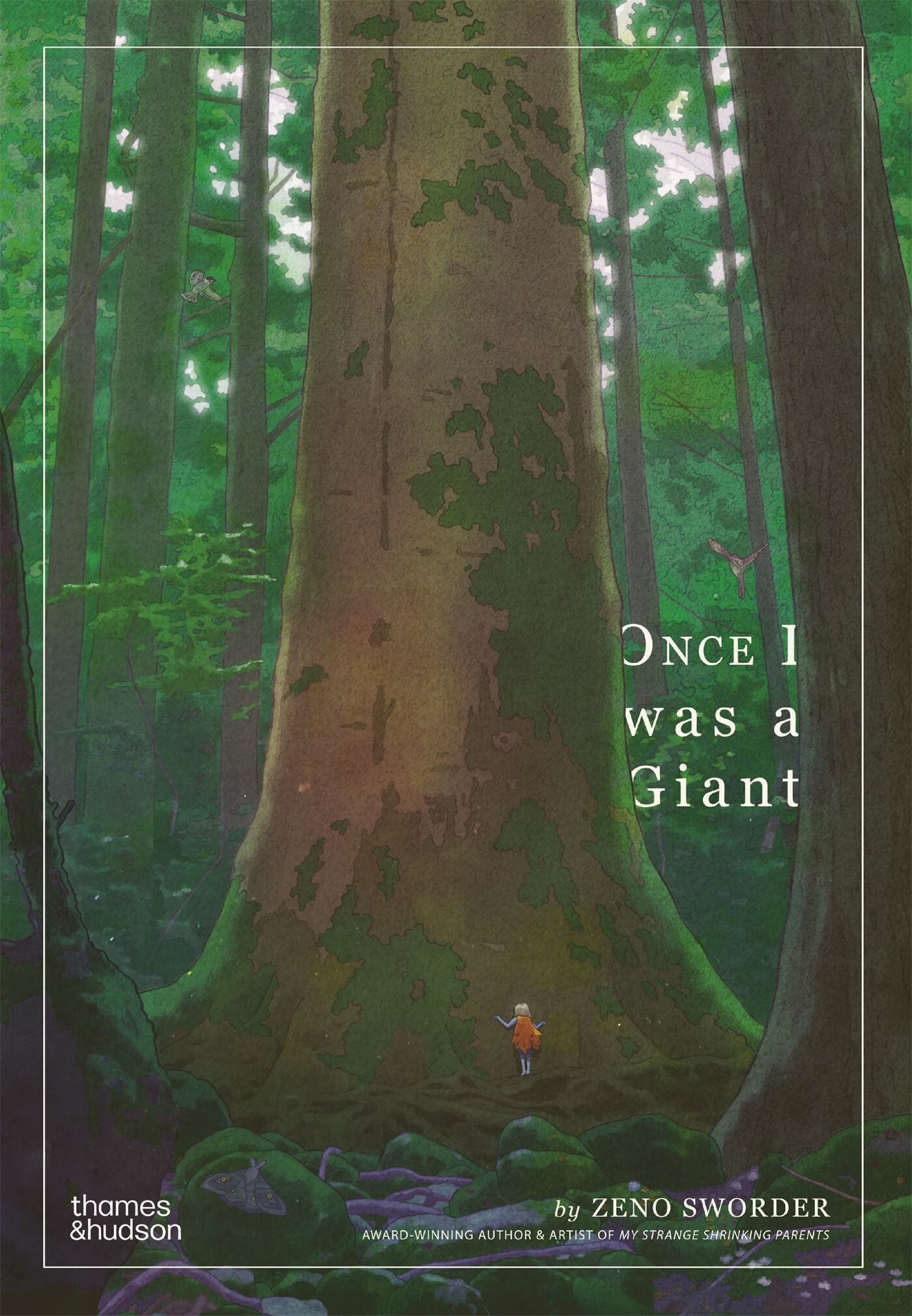 book cover featuring illustration of a forest with a big tree trunk and a small figure under it